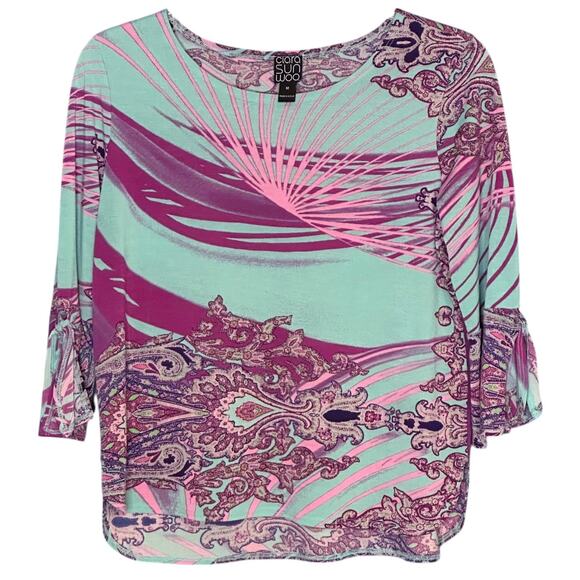 Clara Sunwoo Jersey Mesh Tunic Blouse Sz Medium Gypsy Tie Cuff Artsy Aqua Purple - Picture 1 of 7